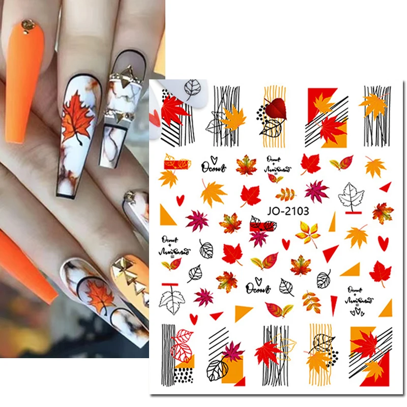 3D Nail Art Stickers Autumn Geometrical Maple Leaves Adhesive Sliders Nails Decals Decorations For Manicures