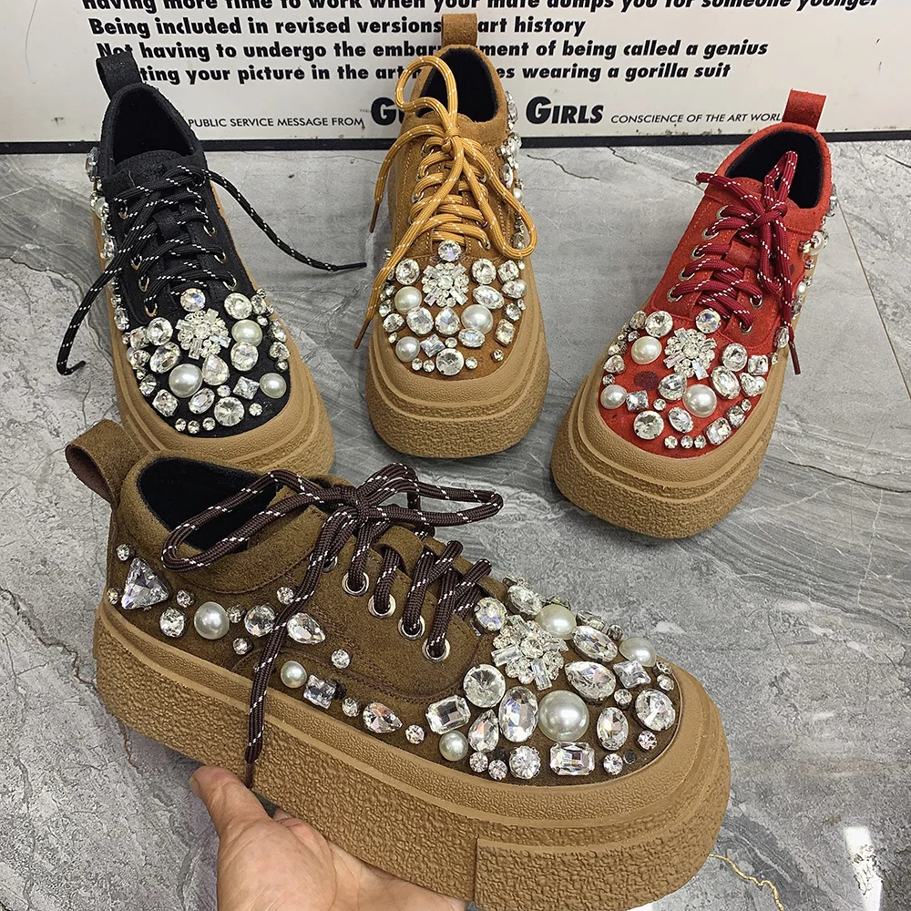 

Winter Warm Fur Platform Shoes Antislip Designer Rhinestone Blingbling Shoes Plus Size Casual Women Shoes Fashion Leather Shoes