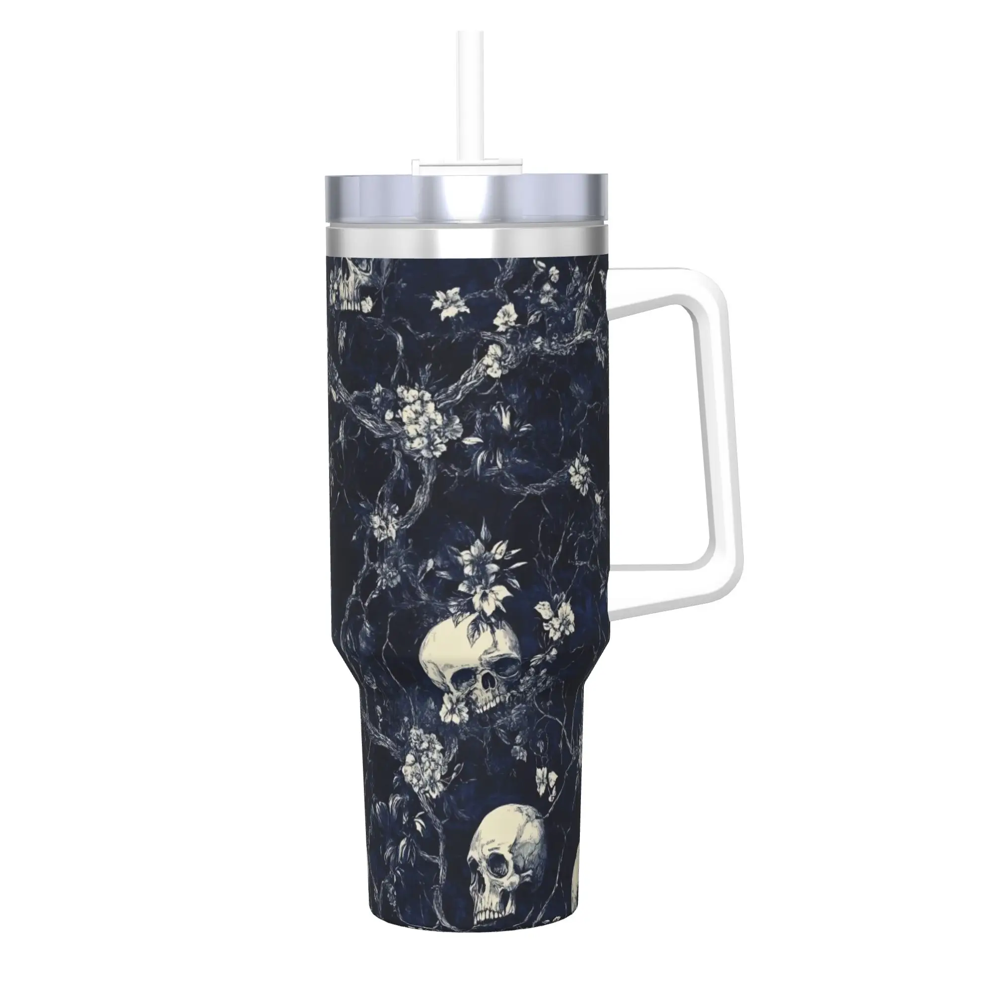 Halloween Skulls And Flowers Gothic Goth 40oz Tumbler Stainless Steel Double Wall Vacuum Insulated  Mug With Straw