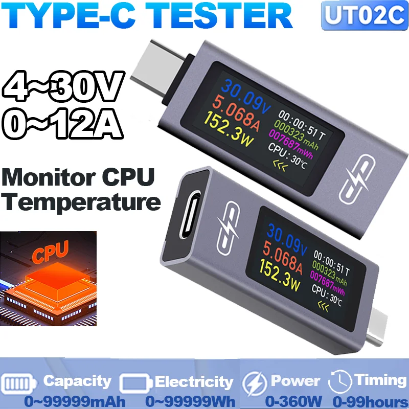 UT02C Type-C Capacity Tester DC 4~30V 12A Digital Display Voltmeter Ammeter Power Meter PD QC Fast Charging Protocol Detector