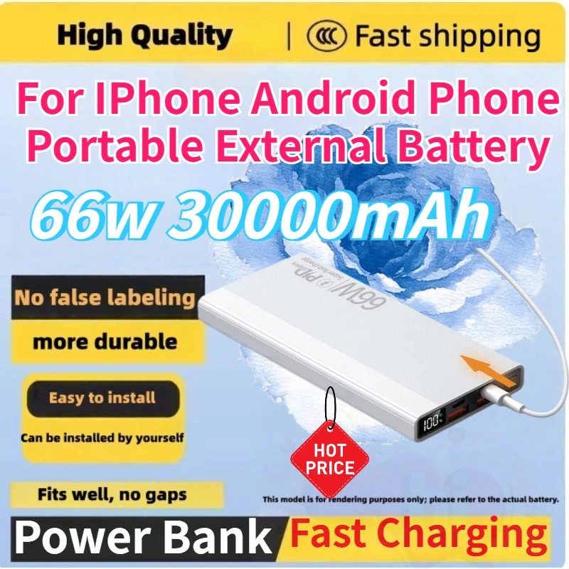 30000mAh 66W Large Power Bank Super Fast Charging PD Portable External Battery Universal for IPhone Android Xiaomi Samsung