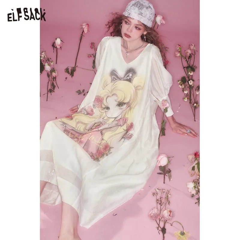ELFSACK 2025 Summer New Arrival Loose Casual Original Animated Printed V-Neck Bubble Sleeve Women'S Long Dress