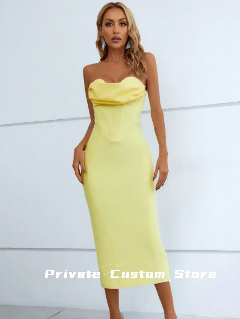 

2024 New Summer Fashion Women Sexy Strapless Backless Ruffles Yellow Midi Bandage Dress Elegant Evening Club Party Dress