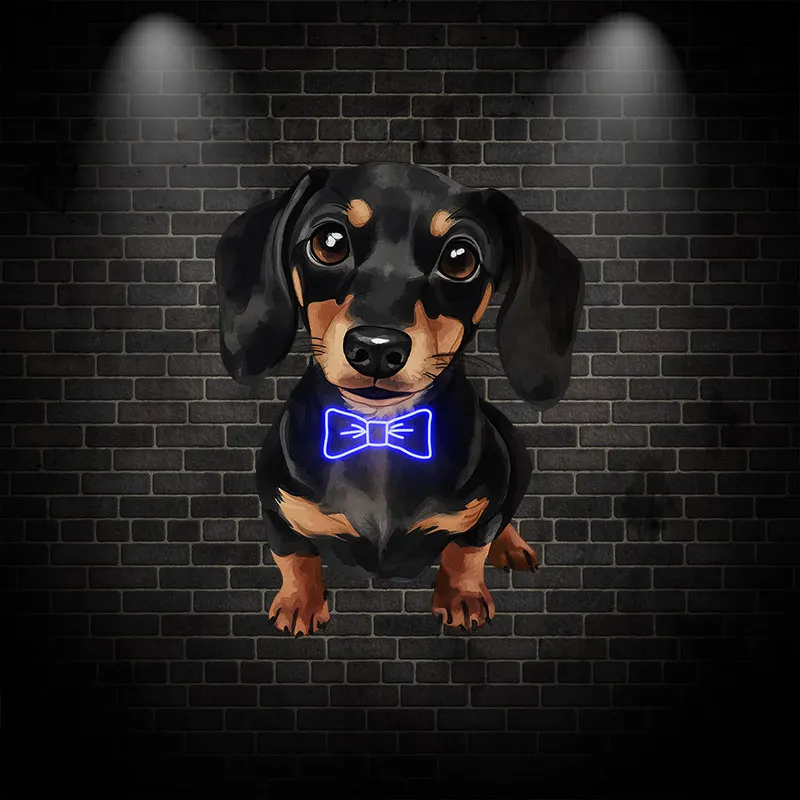 Dachshund Neon Bow Tie Wall Decor - Cute dachshund with neon blue bow tie, perfect for dog lovers wanting unique wall decor!