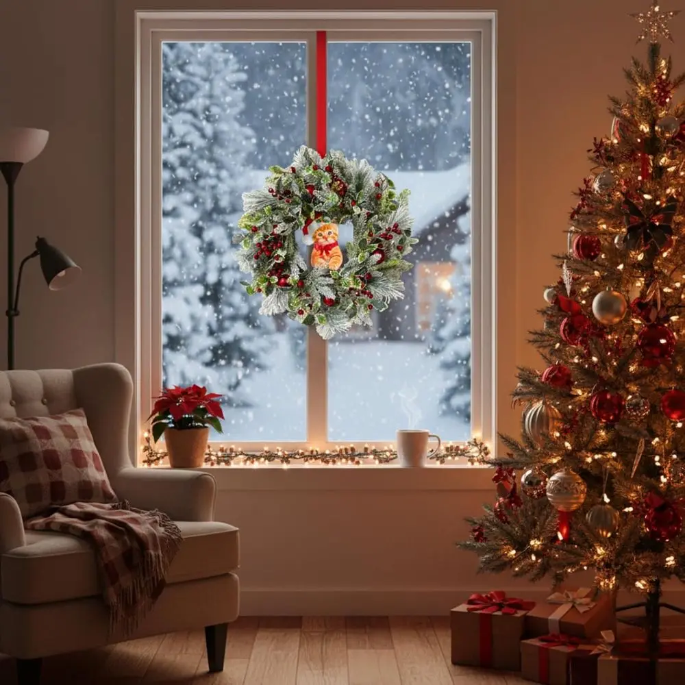 24 إكليل عيد الميلاد المضيء مع الأرز المتدفق والصنوبر والأحمر ولمسات ومؤقت للباب أو الحائط أو رف