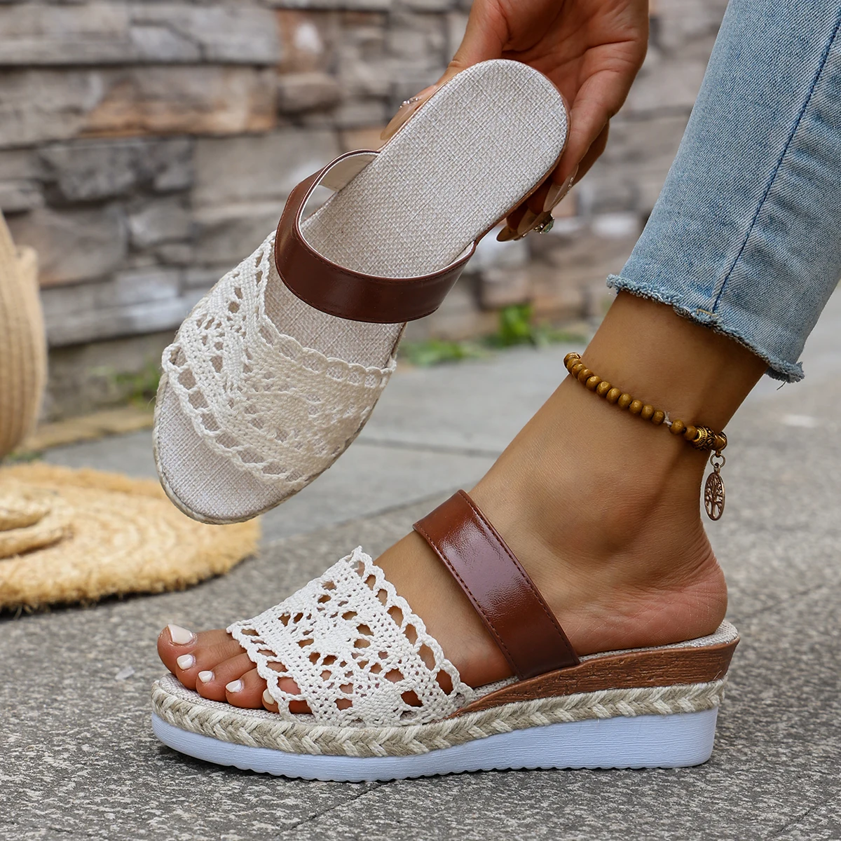 2025 nuevas sandalias de mujer, alpargata trenzada, sandalias con botones y nudo, zapatos de cuña con correa en el tobillo a la moda, zapatos de plataforma de verano para mujer