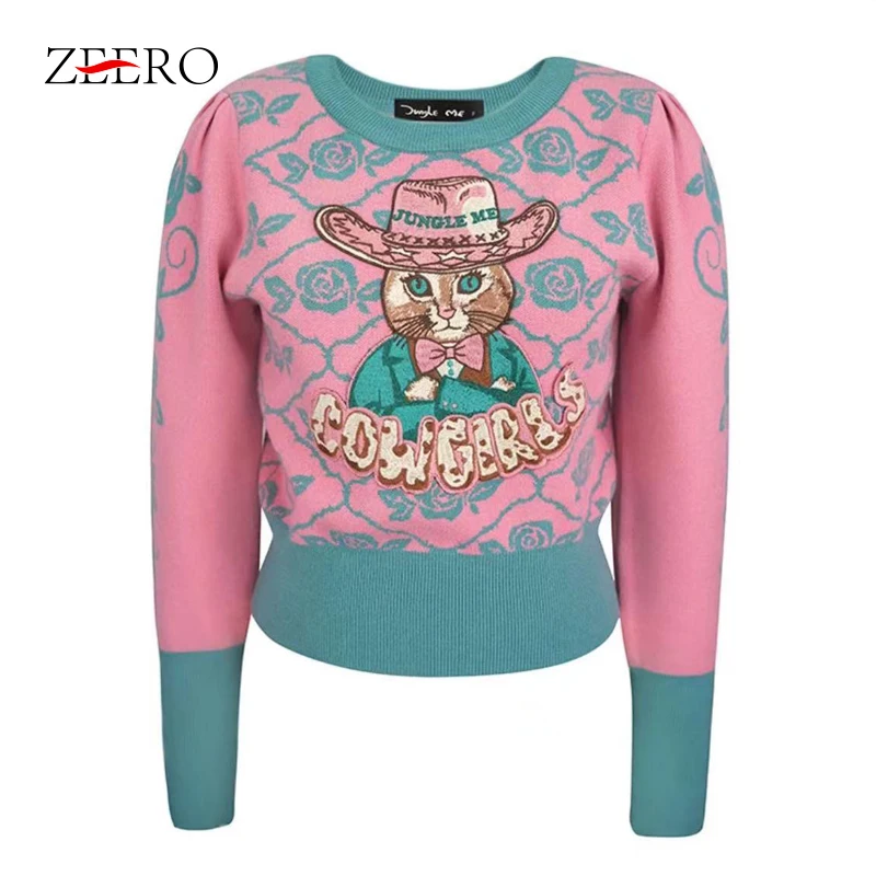 Women\'s Clothing Jacquard Embroidery Round Neck Long Sleeve Sweater Fall Winter Vintage Pink Jumper Knitwear Pullovers Crop Tops