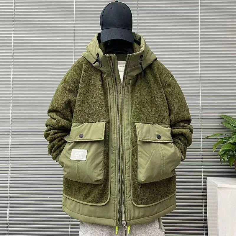 

Winter Men's Padded Jackets Japan Style Spliced Lamb Wool Thick Parkas Workwear Large Pocket Long Padding Oversized Hooded Top