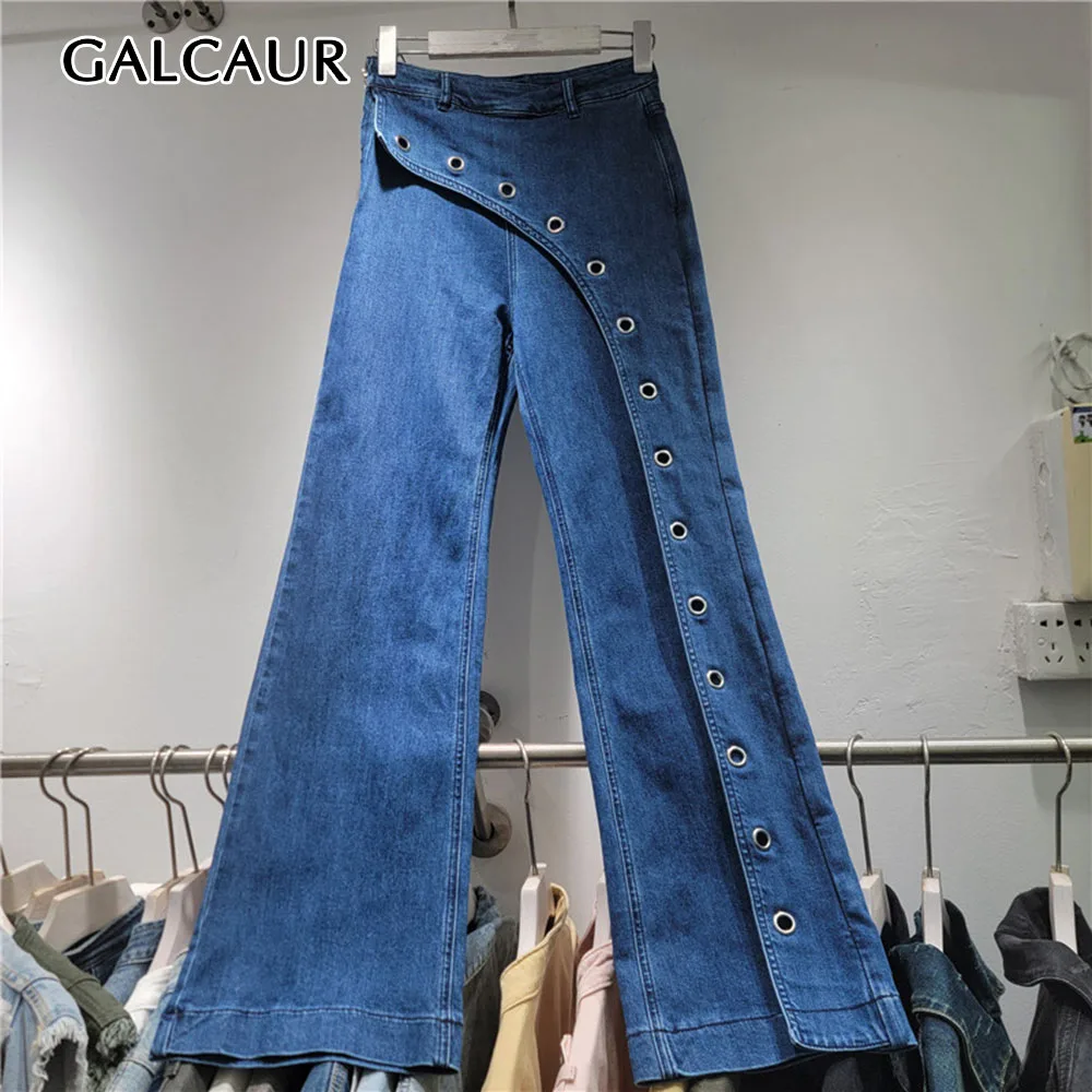 GALCAUR Solid Spliced Metal Loose Flare Asymmetric Jeans for Women High Waist Patchwork Pocket Casual Trousers Female Fashion