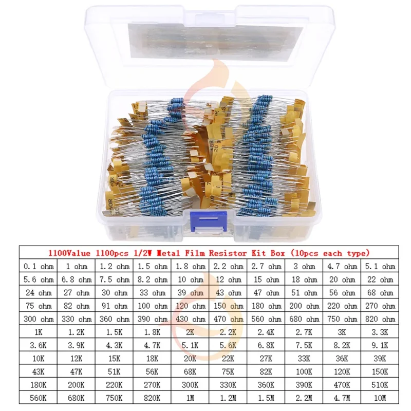

1100Pcs 110Value x 10pcs 0.5W (0.1 ohm -10M) 1/2W Metal Film Resistors Assortment kit set pack