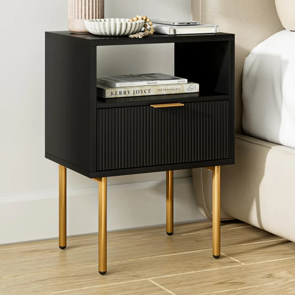 

Bedside table, small bedside table with gold frame, black nightstand, bedside furniture, bedsides table with drawers and shelves