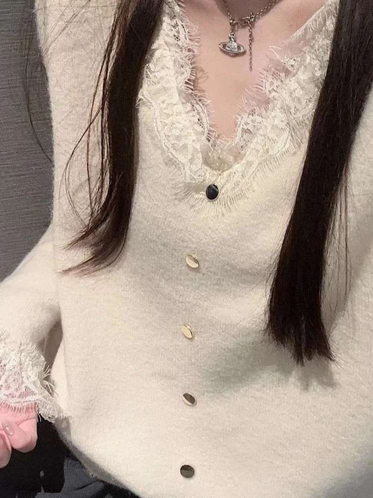 سترة نسائية من الدانتيل الوردي للخريف والشتاء، طبقة أساسية محبوكة ناعمة ومريحة، ملابس داخلية متعددة الاستخدامات، ملابس علوية للتنقل...