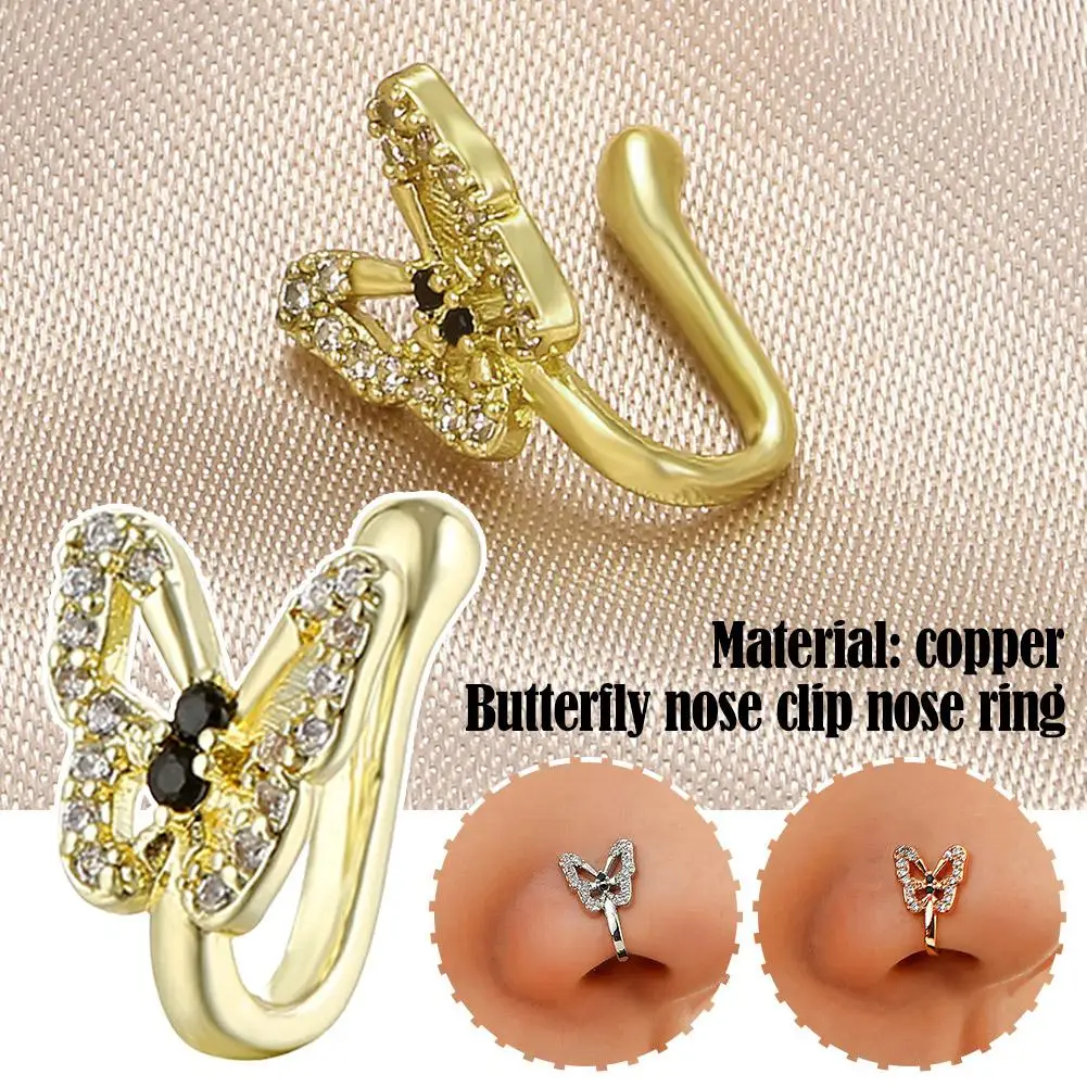 Charm Crystal Rhinestone Butterfly Fake Piercing Nose Nose Women U-shaped Teens Jewelry Septum Non-perforated Clip Pierce Q8U0