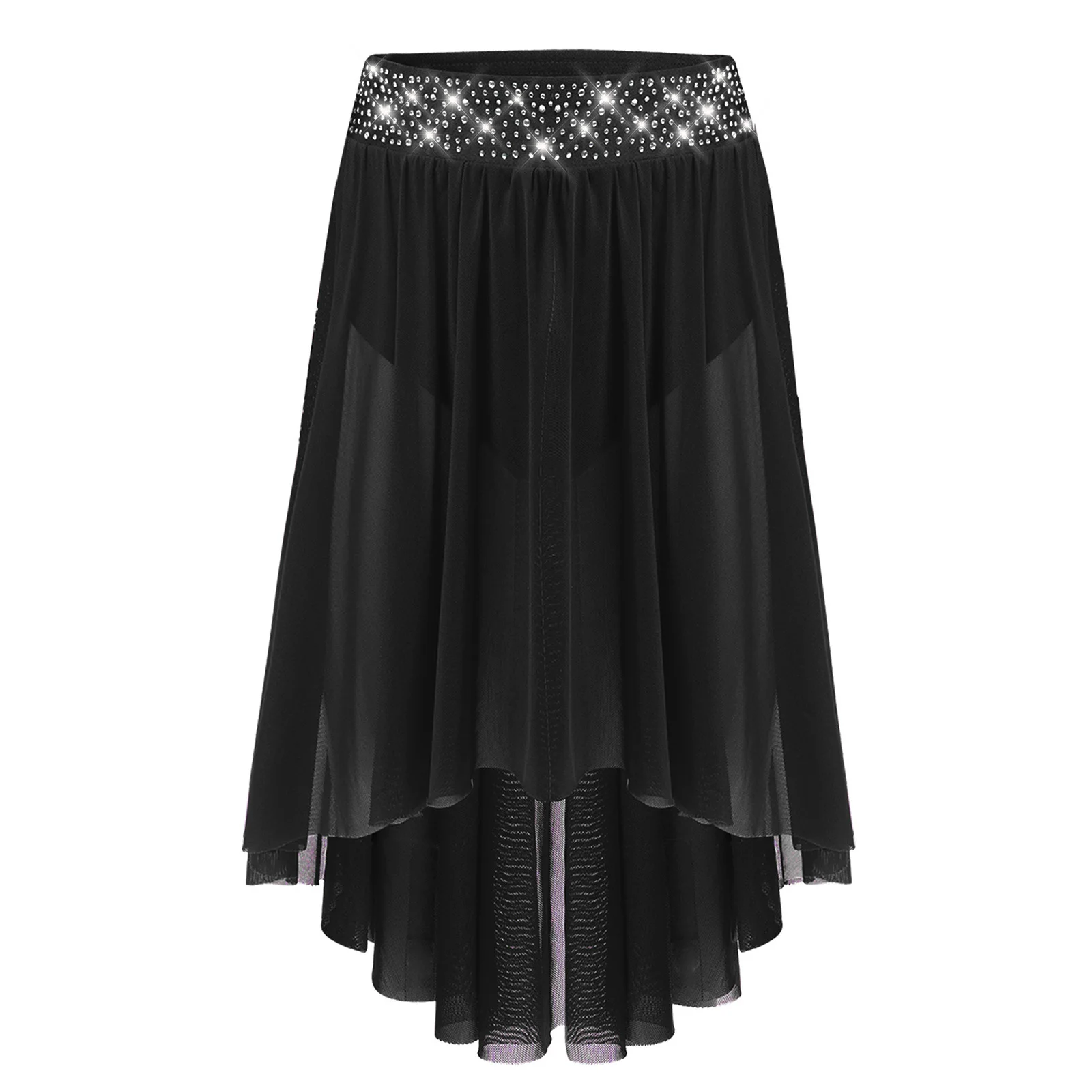 

Kids Girls Lyrical Dance Skirt Rhinestones Adorned Elastic Waistband Asymmetrical Skirt with Built-in Briefs Ballet Dancewear