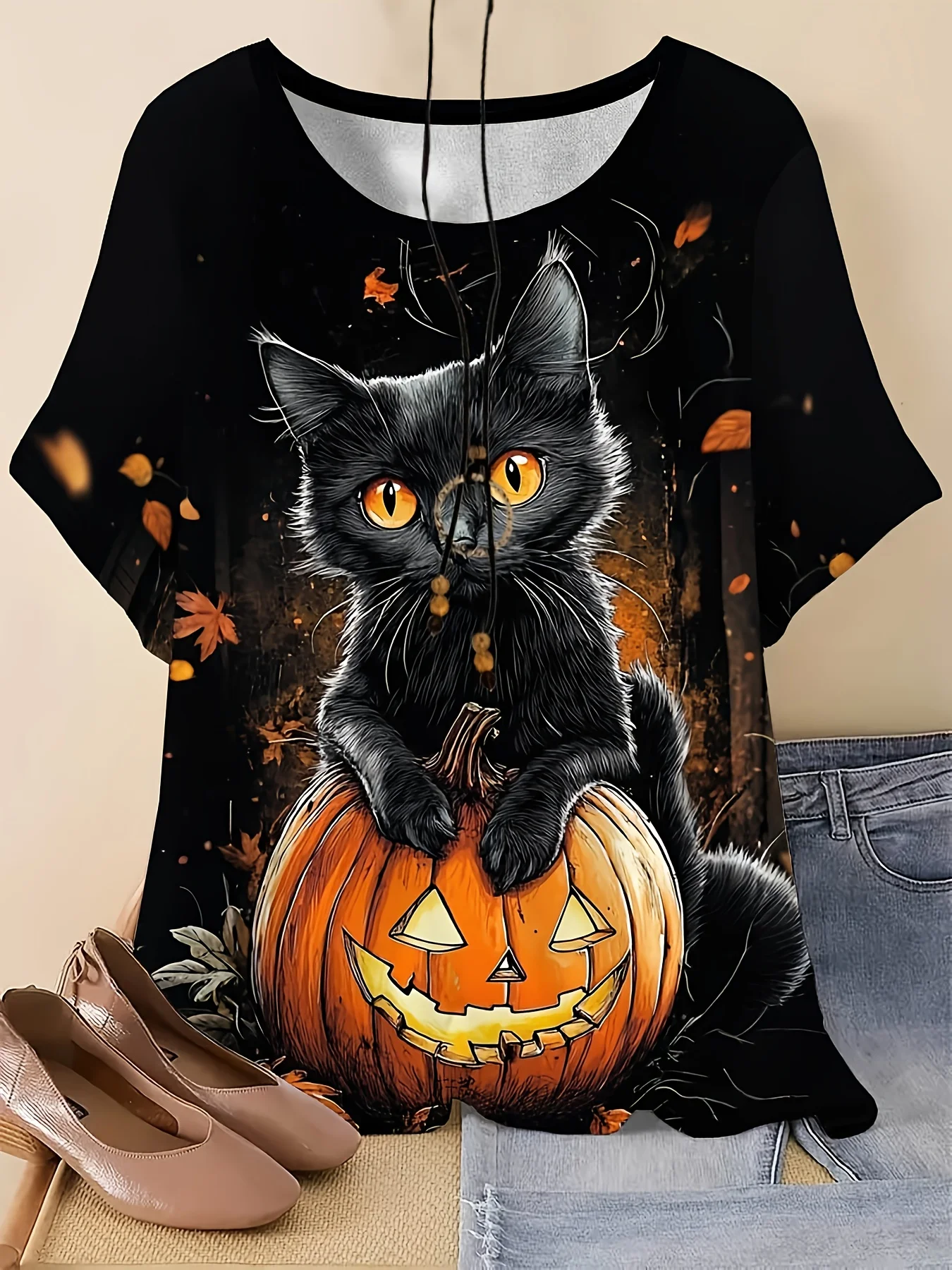 Women's T-shirt Black Cat Pumpkin Maple Leaf Print Crew Neck Short Sleeve Loose Fit Halloween Party Daily Style women clothing
