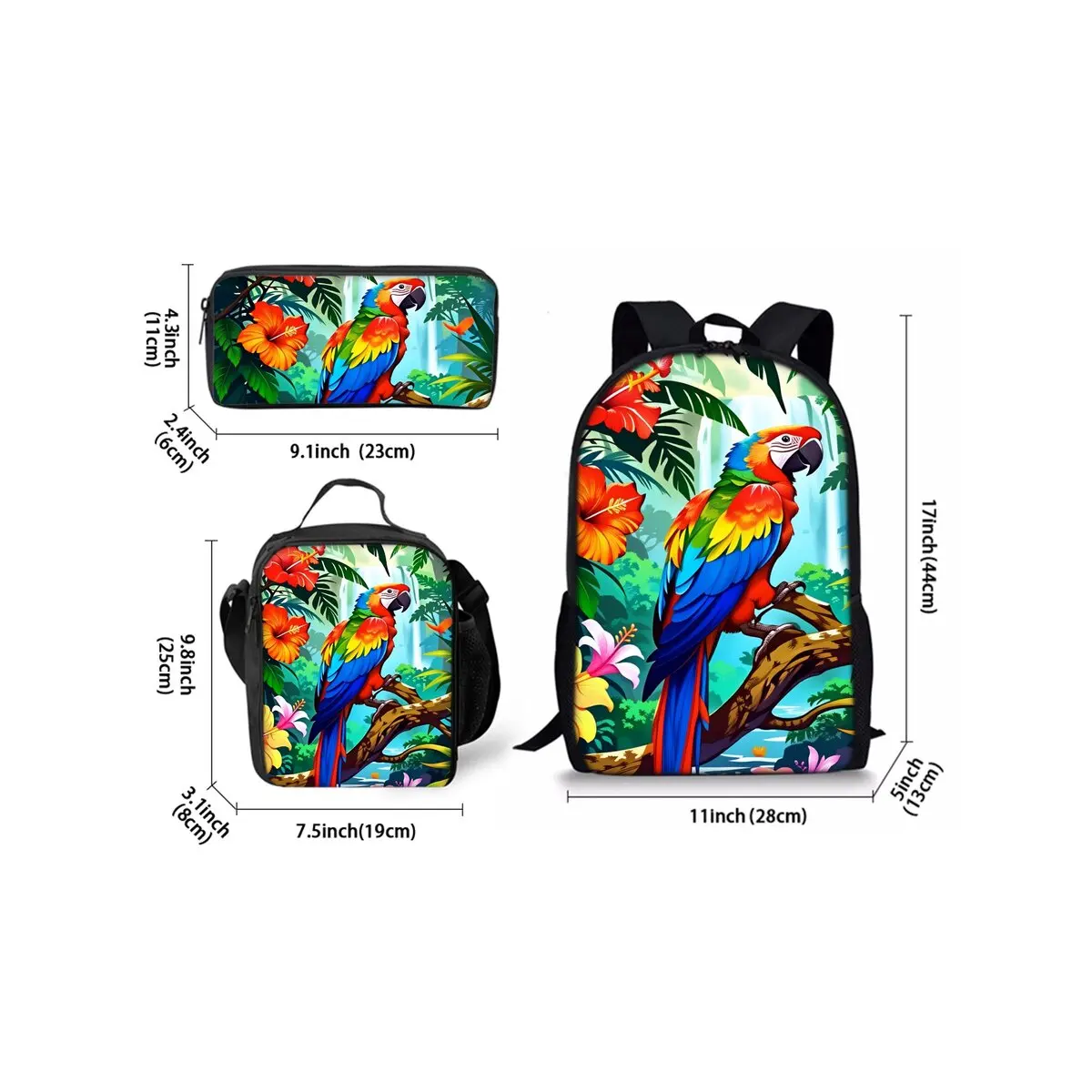 Colorful Parrot Print Three Piece Backpacks Set for Boy and Girls Best Gifts 2D Flat Cartoon School Bag for Children