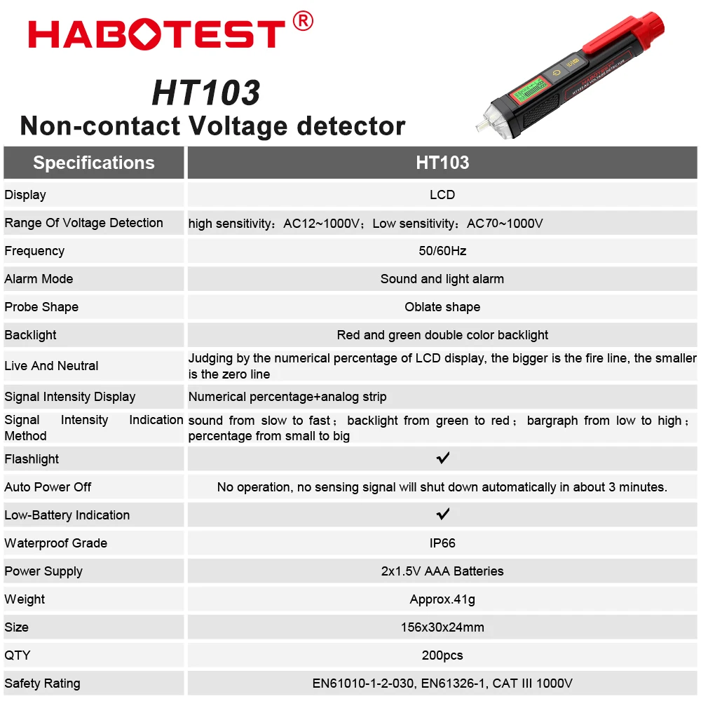 HABOTEST HT103 Spannungsprüfer 12-1000V Berührungsloser Wasserdichter Digitaler AC-Spannungsdetektor Elektrischer Tester mit LCD-Anzeige – Detail 2