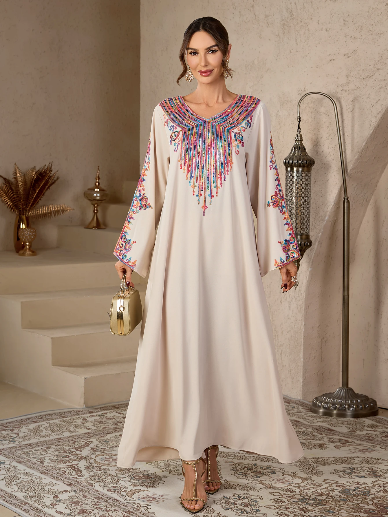 

Ramadan Islamic Modest Abaya Dress for Women Bohemian Colorful Embroidery Morocco Casual V-Neck Long Robe Elegant Dubai Muslim