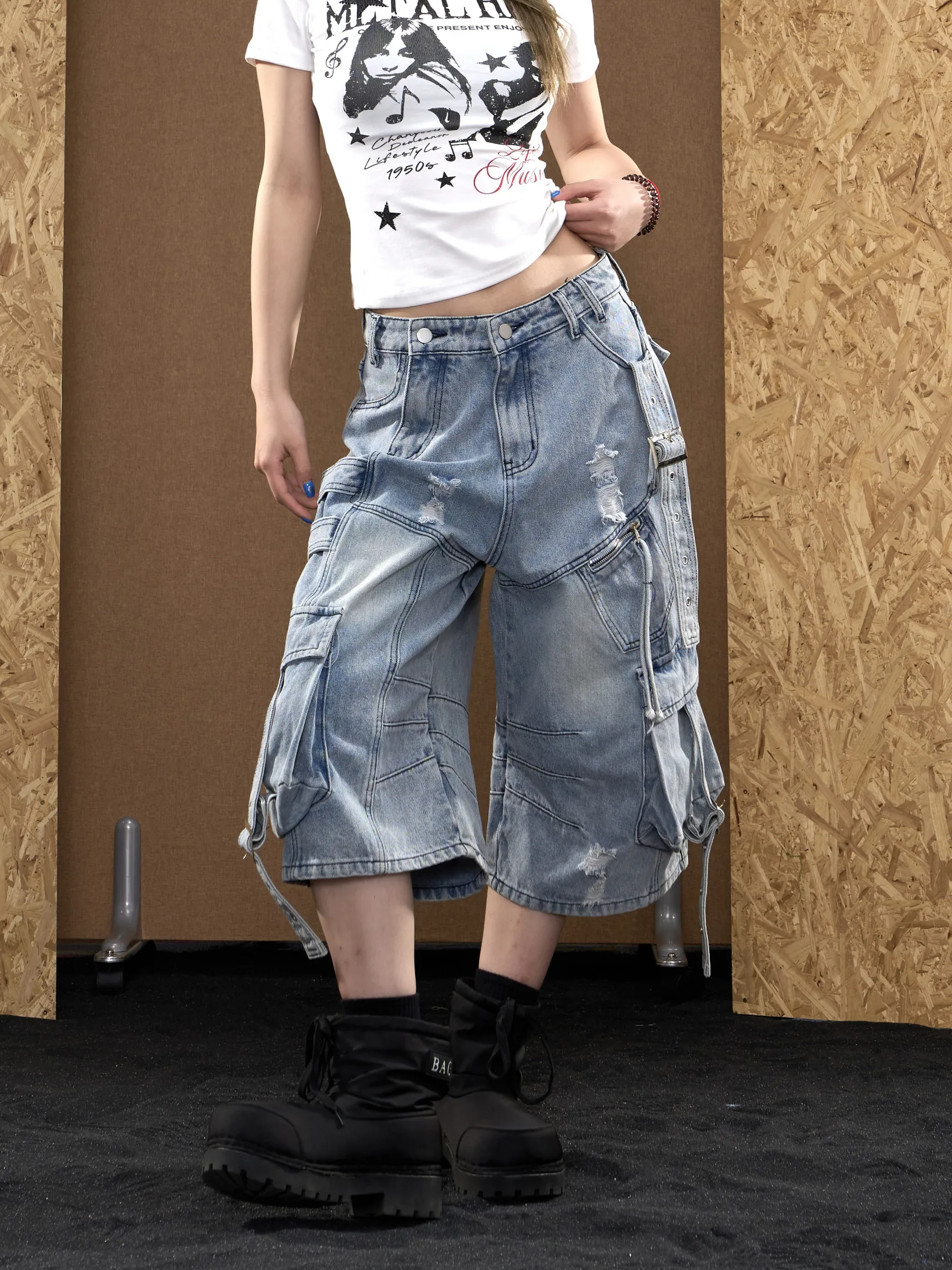 

Washed American Retro Workwear Jeans Women's Loose Wide Leg Pants Summer Design Sense Street Style Seven-Foot Crop Pants