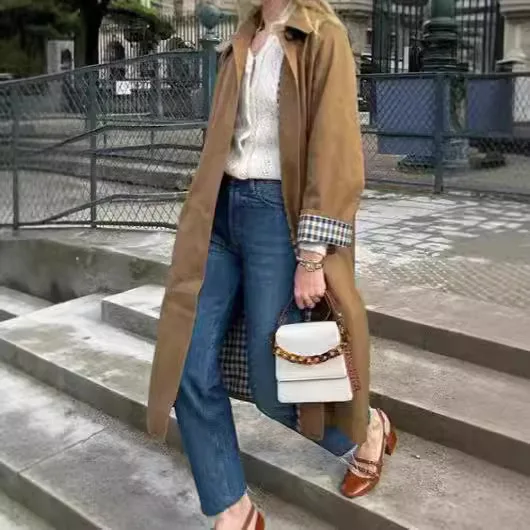 2025 nuevas mujeres caqui muesca solapa gabardina larga doble botonadura suelta viaje elegante prendas de vestir exteriores opciones multicolores