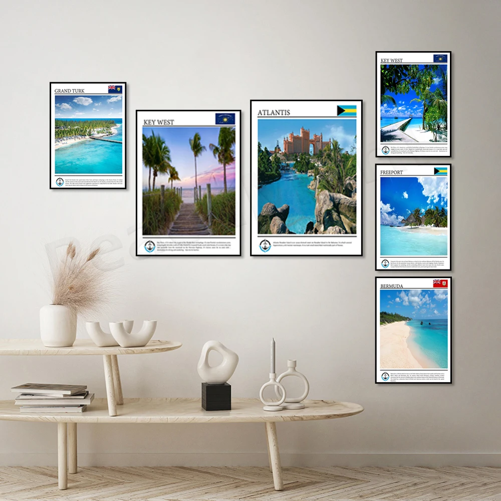 Póster de Viaje a Key West, Florida, Islas Turks y Caicos, Cozumel México, Atlantis Bahamas, Curazao del Caribe, Bermudas