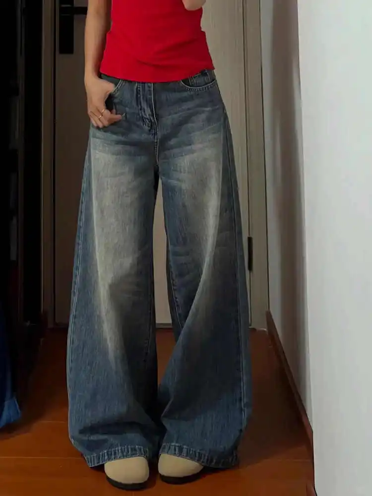 

Синие женские широкие джинсы в американском стиле с высокой талией, свободные повседневные джинсовые брюки, весенне-осенние женские брюки