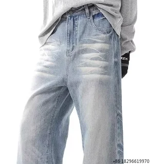 Casual Autumn Winter Men's Slimming Jeans American Retro Style Washed Ice Blue Mid Waist Casual Long Pants