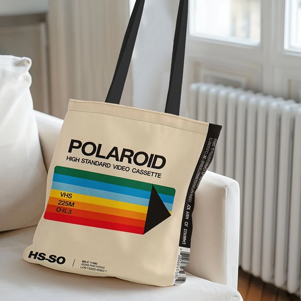 1 Stück Retro-Einkaufstasche mit VHS-Polaroid-Muster – robuste, wiederverwendbare Einkaufstasche aus Polyester, zum Einkaufen, für den Freizeitgebrauch – Ostern, Ramadan – Detail 5