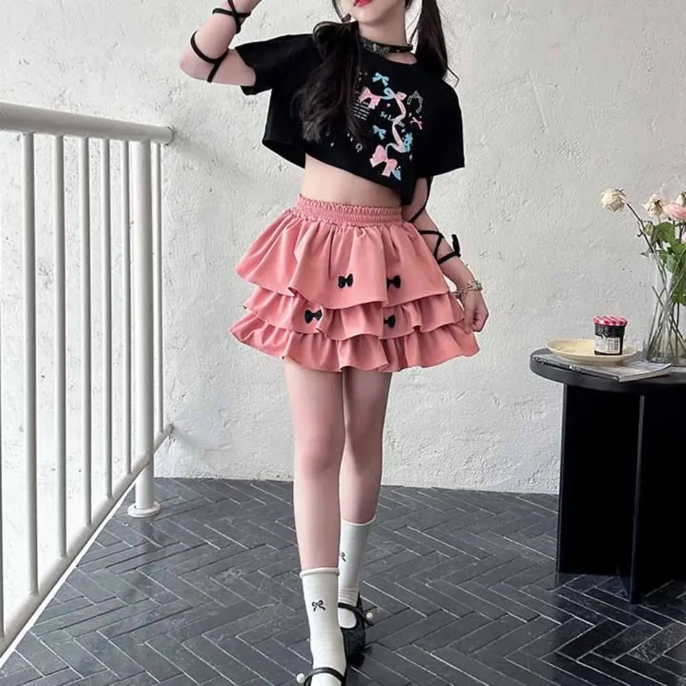 Conjuntos Y2K con lazo para niños, conjunto de falda con pastel, camiseta plisada para adolescentes, traje de falda, conjunto de ropa ajustada dulce para niñas, verano