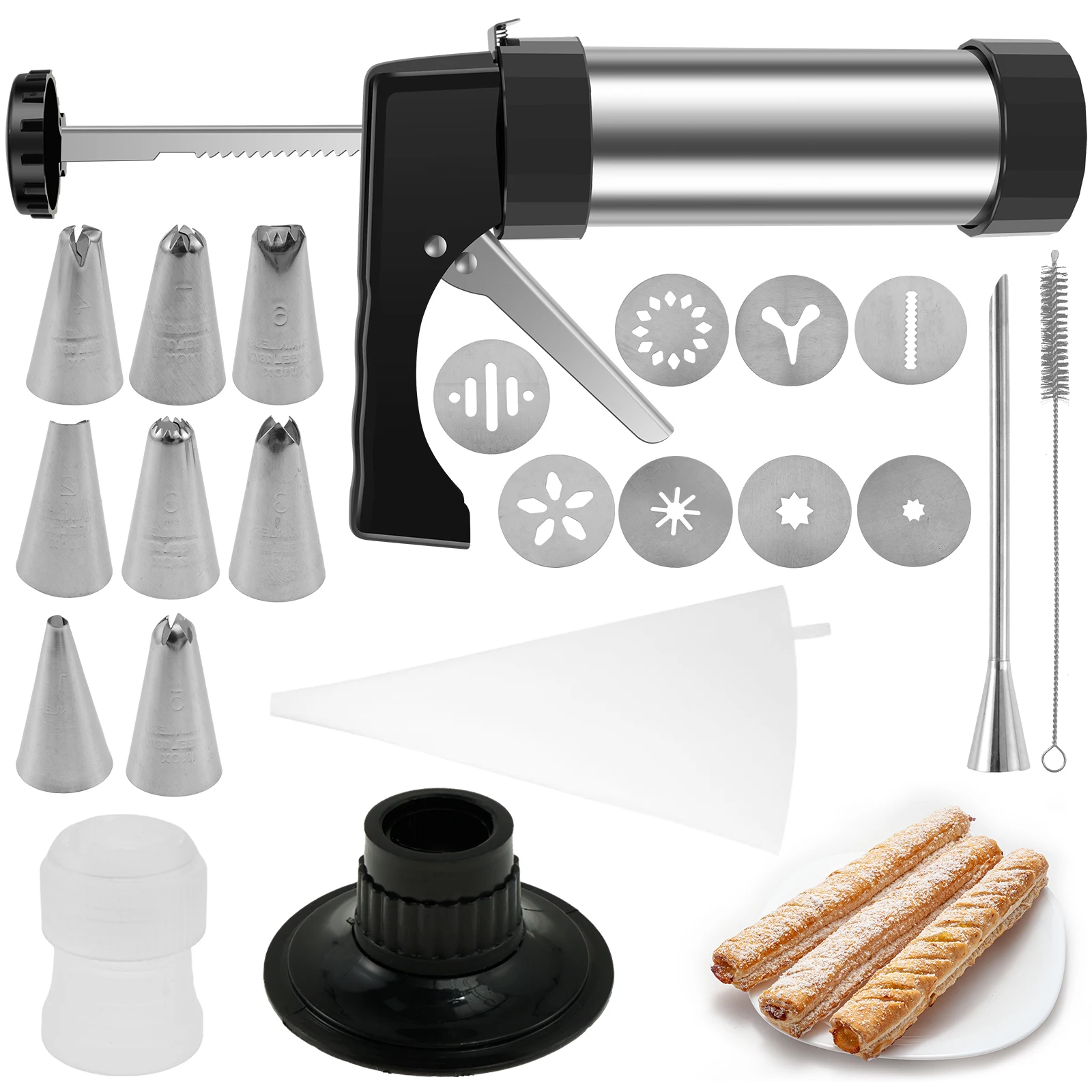 Cookie Press Icing Kit Stainless Steel Squeezing Shaping Tool Churro Maker Cookie Maker with 6 Icing Nozzles Kitchen Accessories