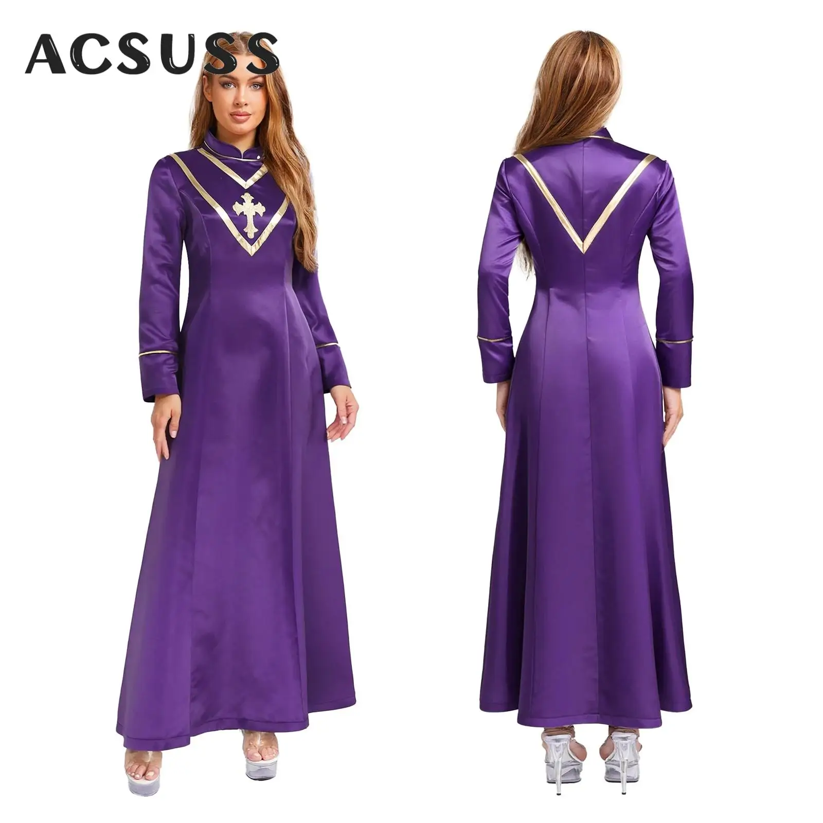 

Womens Church Priest Cassocks Halloween Clergy Pastor Cosplay Costume Metallic Embroidered Cross Long Sleeve Choir Robe Vestment