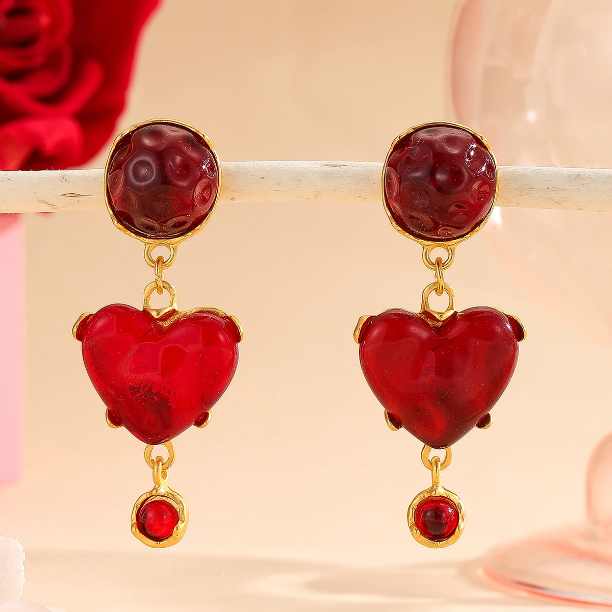 1pair Romantic Cute Red Heart Dangle Earrings,For Women Trendy Elegant Valentine\'S Day Gift，Daily Decoration，Dating Gift,Party