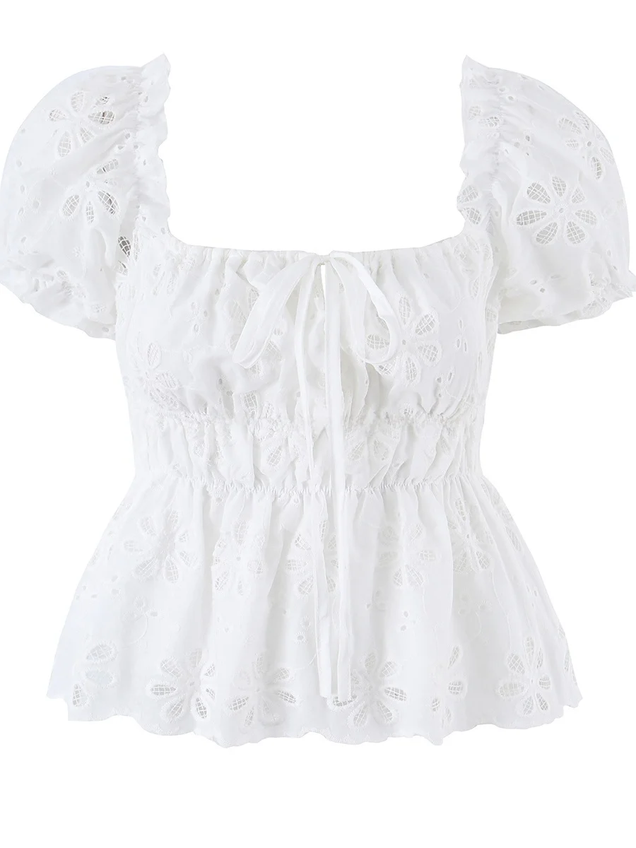 

Pure Desire Style Hollow out Embroidered Ruffle Hem Square Collar Slim Fit Women's Shirt White Short Sleeve Breathable Cotton