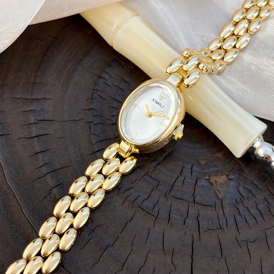 Luxury Oval Domed Glass Dial Small Gold Grain Strap Analog Ladies Wrist Watch