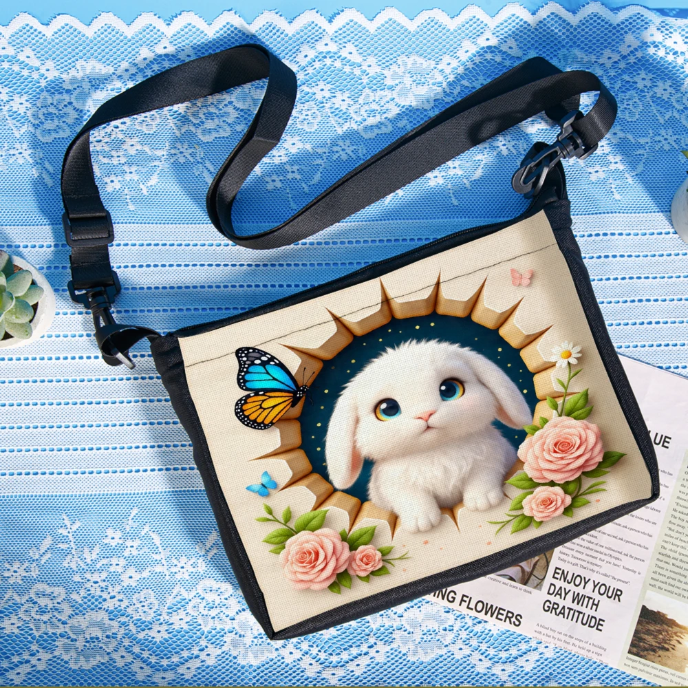 1pc Cute Bunny With Butterfly And Flowers Crossbody Bag Beige Print Shoulder Bags For Women Girls Daily Use Travel Shopping Casu