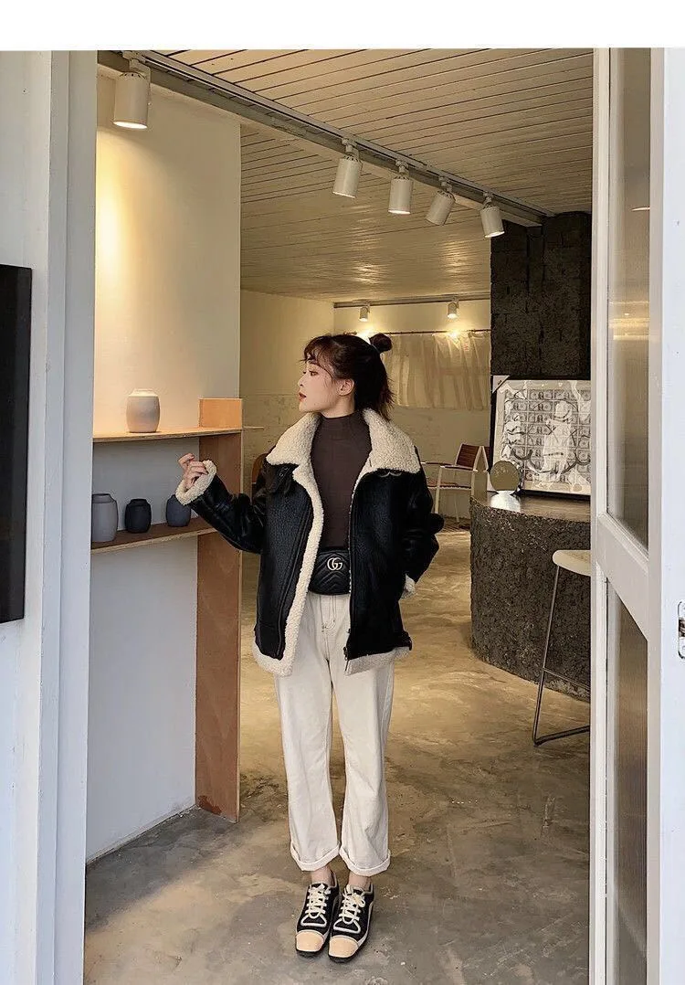 بو الجلود سترة نسائية المرقعة حزام الوقوف طوق الصلبة معطف الإناث 2024 الخريف الشتاء Highstreet رشاقته معطف سيدة