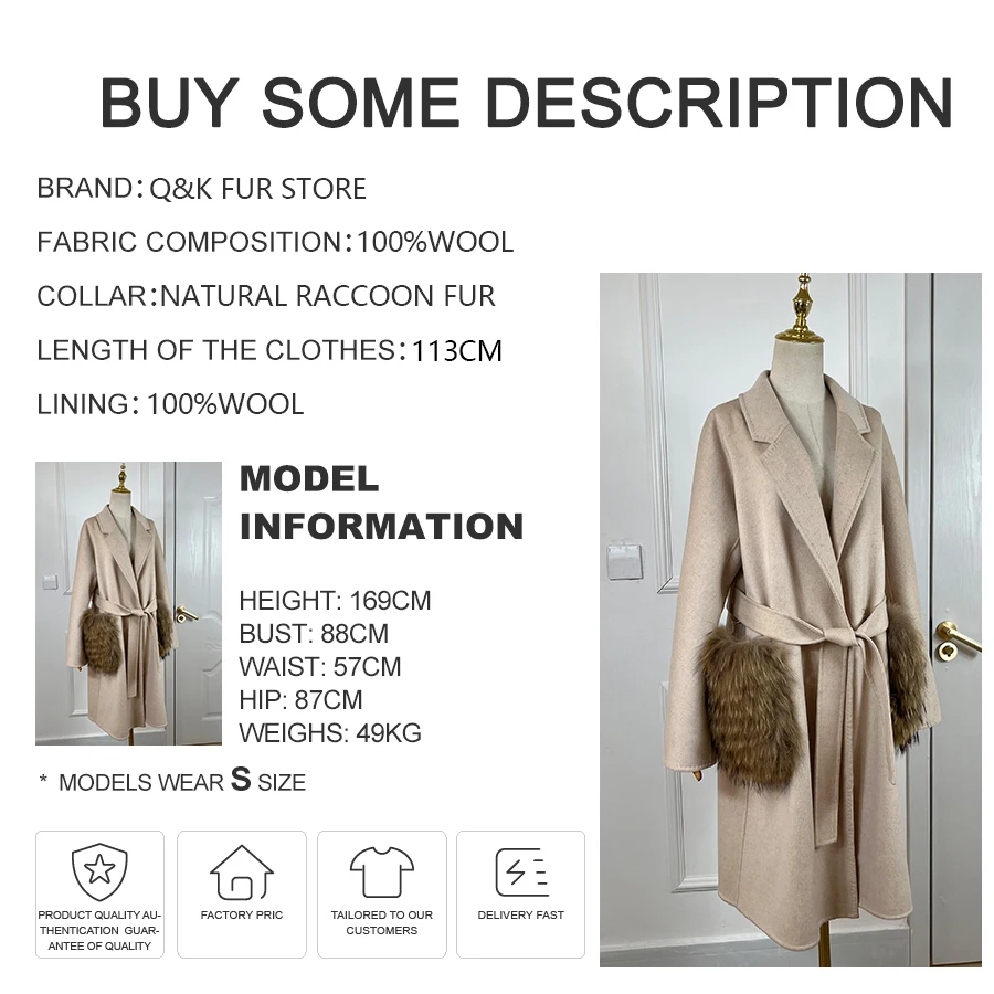 2024 Women Cashmere Cardigan With Fur Long Wool Coat Natural Raccoon Fur Coat Luxury High Quality