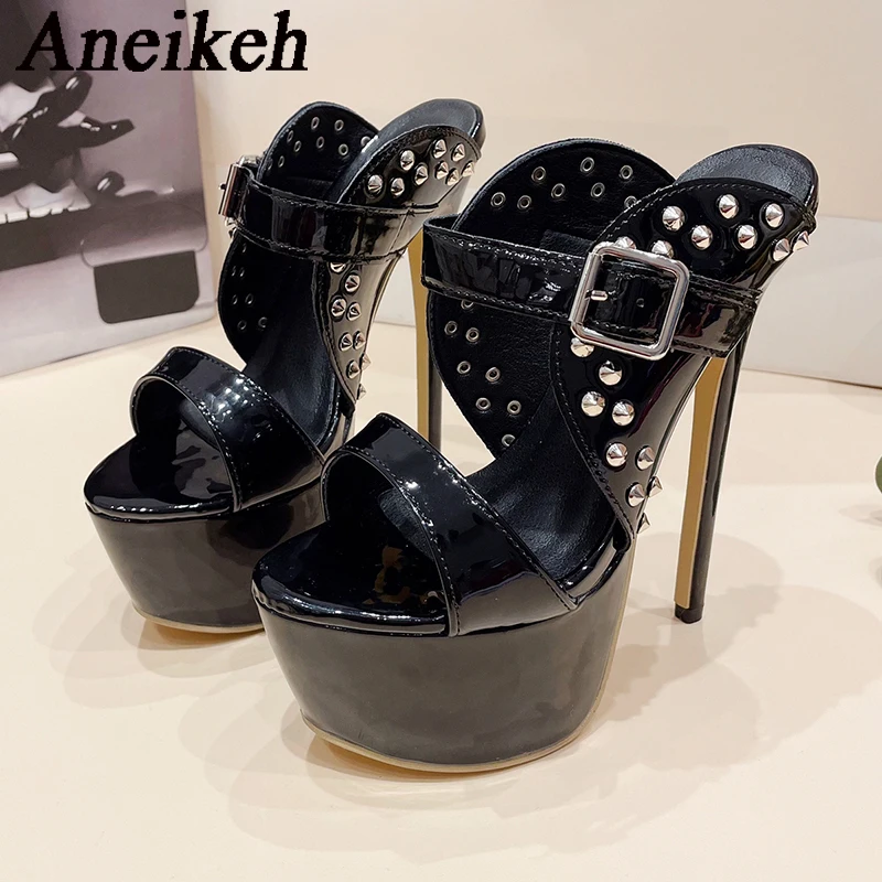 Aneikeh Sexy Fashion 16CM High Heeled Thick Platform Mules Sandal Rivet Buckle Strap Cross Dressing Party Shoes Black