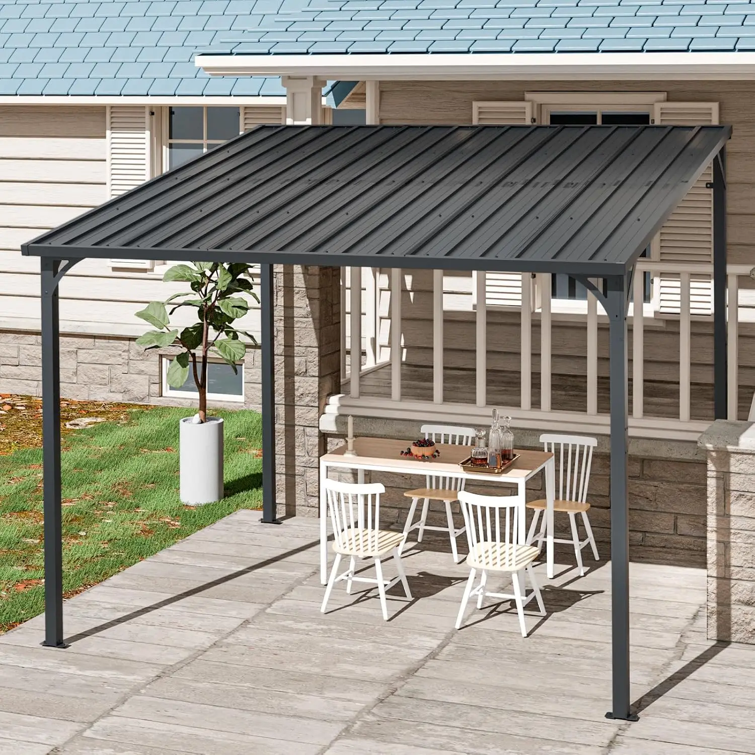 

8'x10' Wall-Mounted Hardtop Pergola, Waterproof Iron Roof, All-Weather Heavy Duty Backyard Shade, Customized