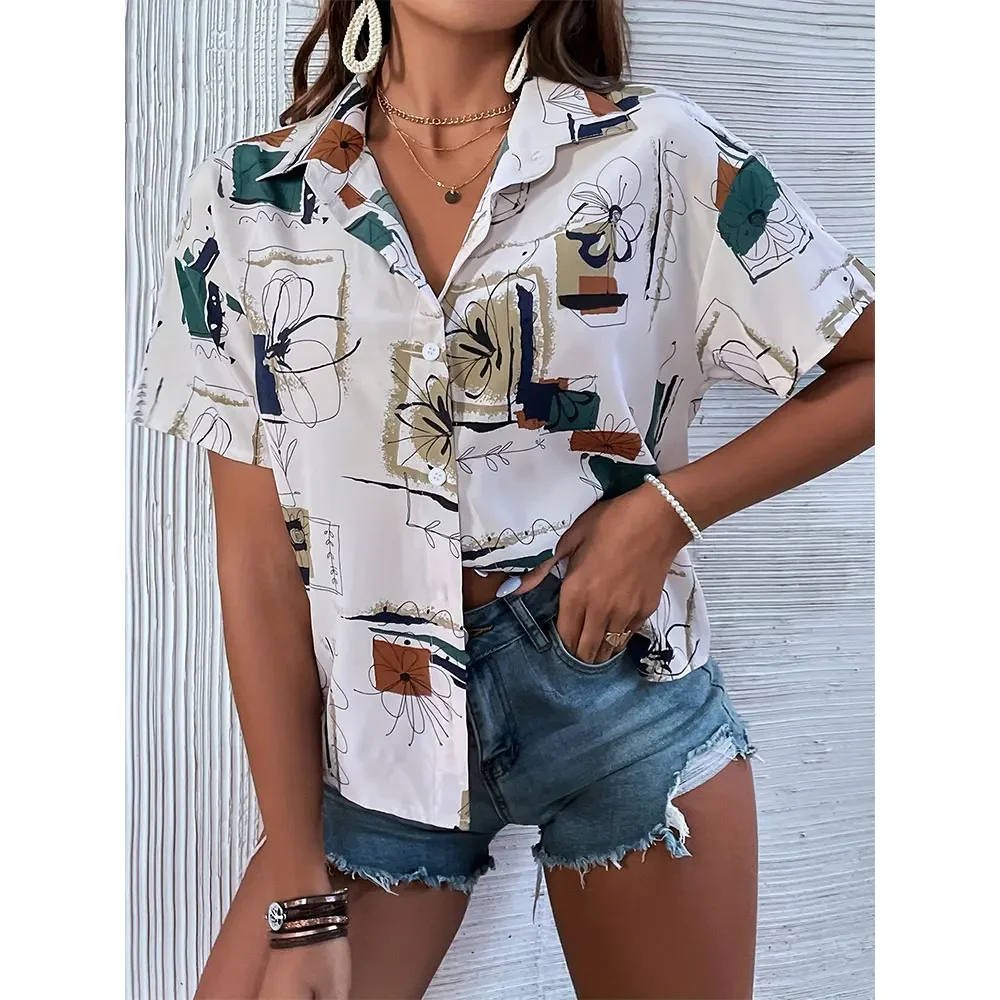 Camicia elegante Camicette eleganti a maniche corte Camicette da donna Camicia abbottonata con risvolto stampato di grandi dimensioni Camicie casual da donna per tutti i giorni