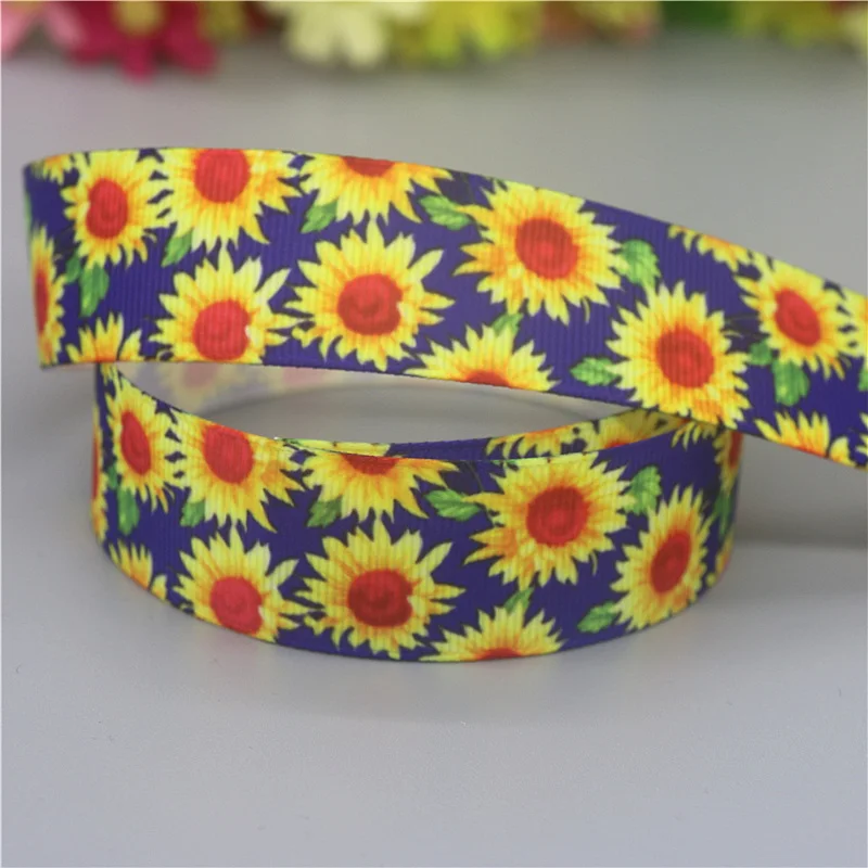 DHK 7/8\'\' 5yards Flower Sunflower Printed Grosgrain Ribbon Accessories Material Headwear Decoration DIY Sewing Craft C2057