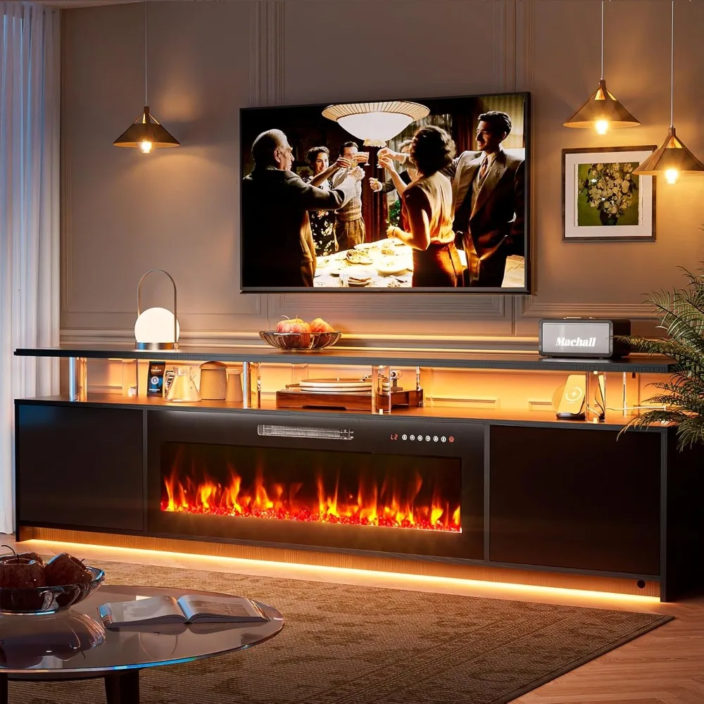 80 inch Fireplace TV Stand LED Lights 2 Tier Storage Cabinet for 90 inch TVs Black Custom