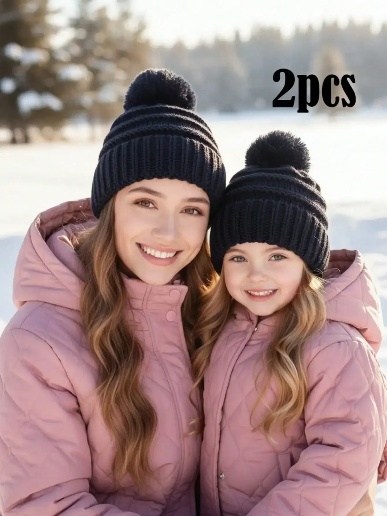 2Pcs Parent-child Knit Hat Set, One Large & One Small Pom Pom Knitted Beanies, Matching Hats for Adults and Kids