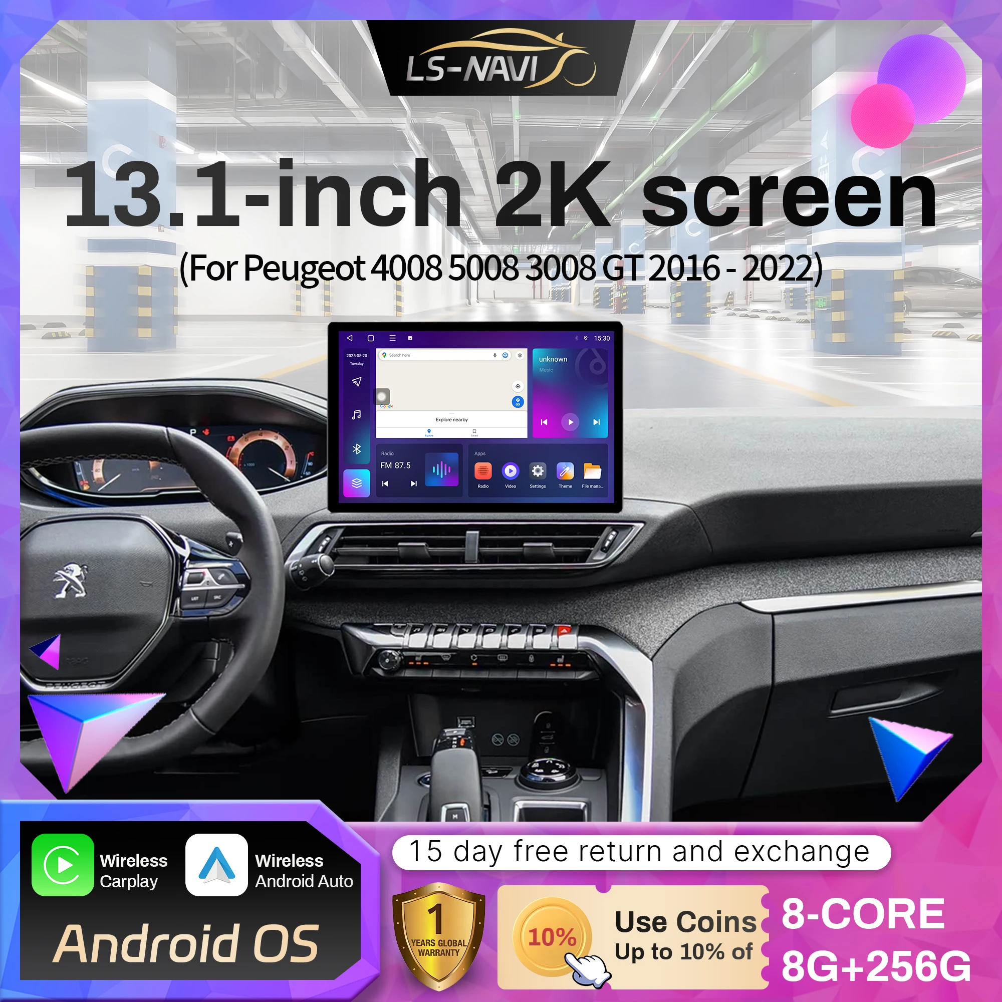 13.1 inch Android For Peugeot 4008 5008 3008 GT 2016-2022 Car Radio Wireless Carplay GPS Multimedia Touch QLED Screen Stereo