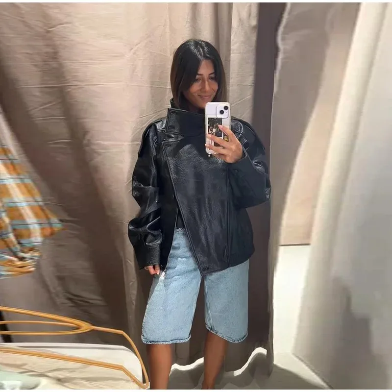 الشارع الوقوف طوق المرأة سترة جلدية فضفاضة سحاب أكمام طويلة جيوب شيك الإناث معاطف 2025 الخريف الشتاء سيدة ملابس خارجية