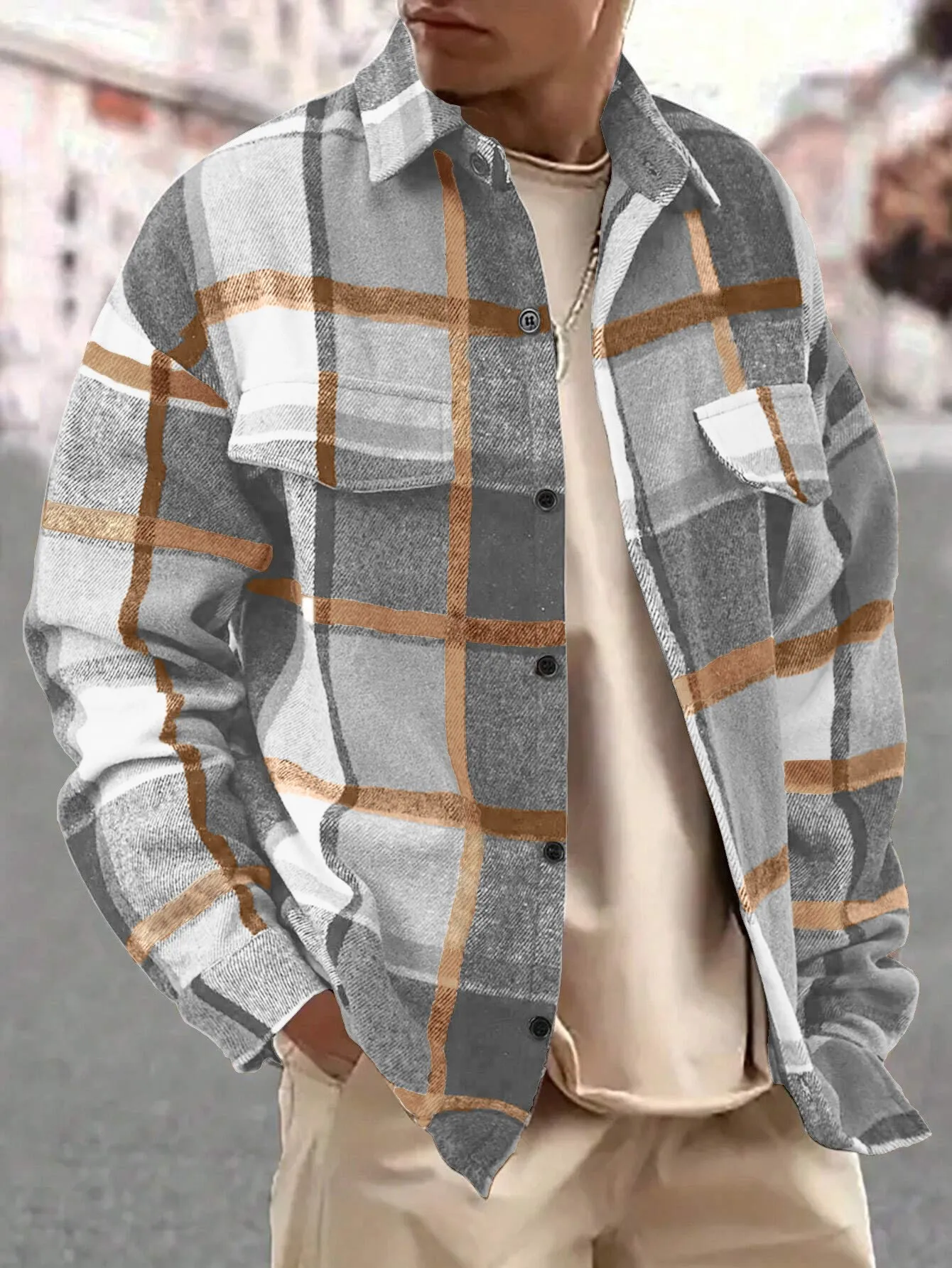

Men's checkered flannel shirt, long-sleeved button-down shirt, spring-autumn casual street style, loose-fit checked jacket for
