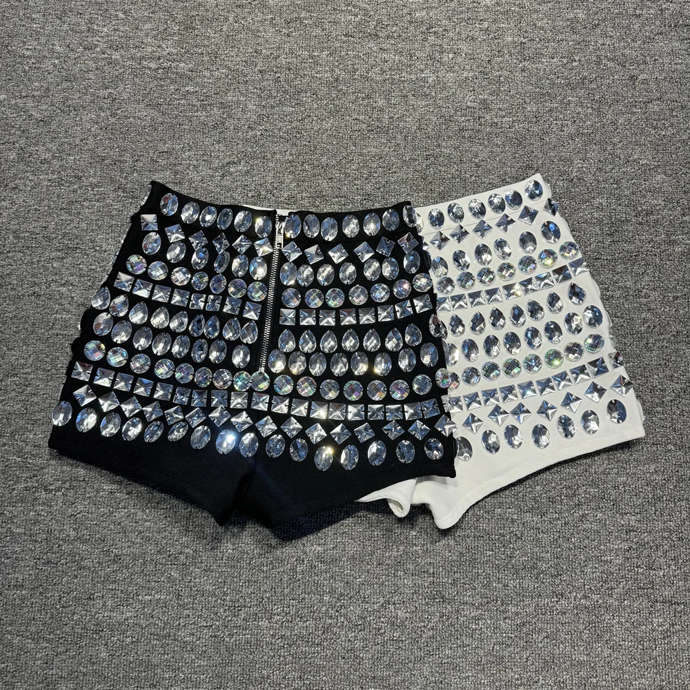 30CM Length Women High End Rhinestones Bandage Shorts High Waist Evening Club Party Hot Shorts Stage Costumes Dancer Performance