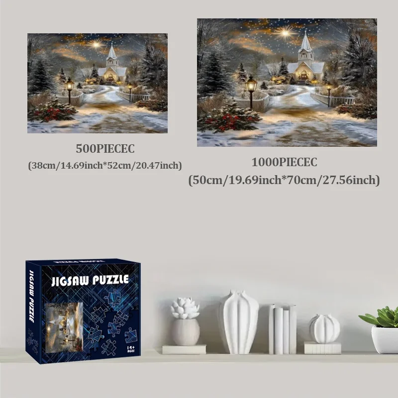 500/1000 Uds. Gran Iglesia con rompecabezas de escena navideña nevada adecuado para adultos y familias: rompecabezas grande desafiante con Uniq