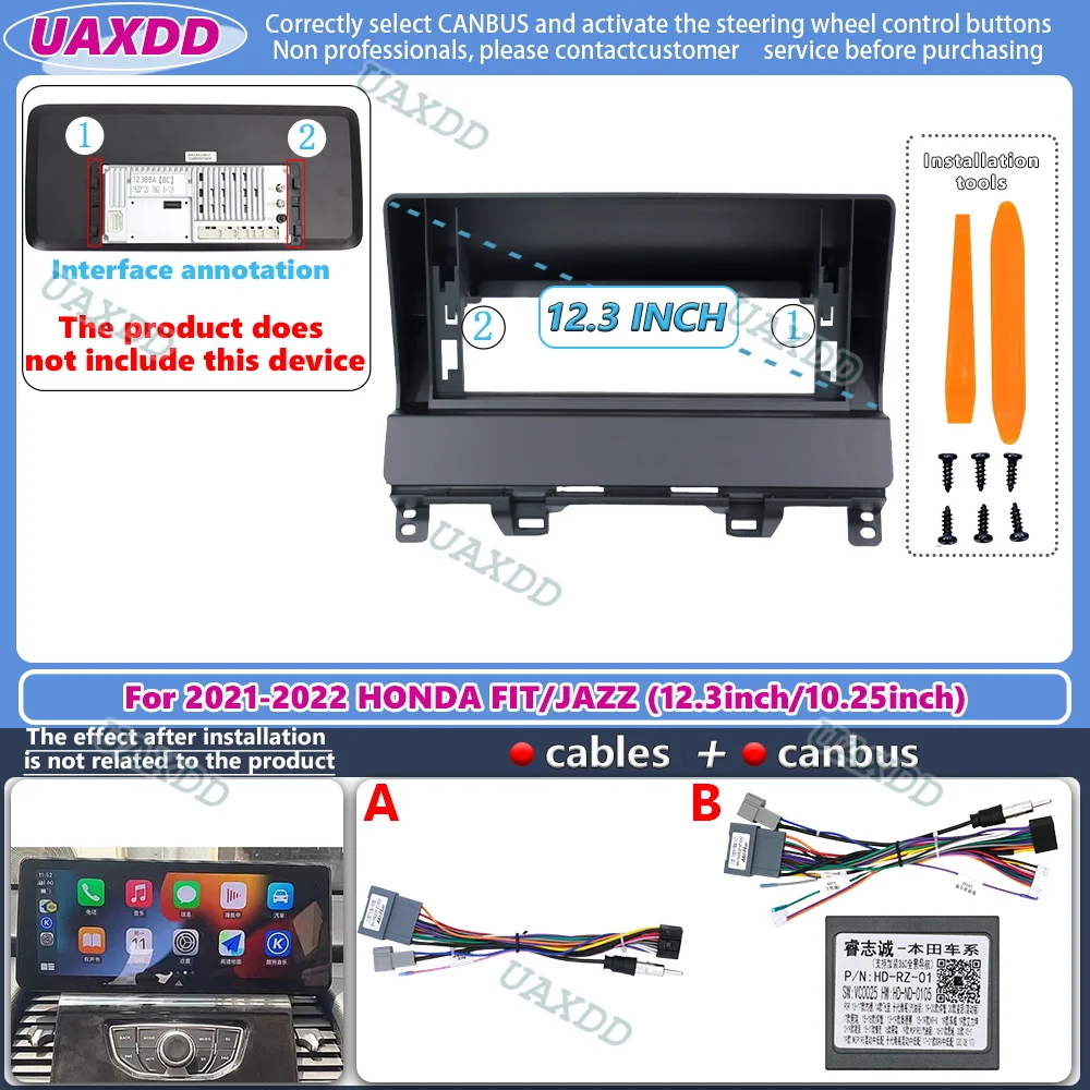 DLA 2021-2022 HONDA FIT JAZZ 12.3 10.25inch 2 Din Car MP5 Android frame Kit panel Center fascia cable wiązka adapter canbus box