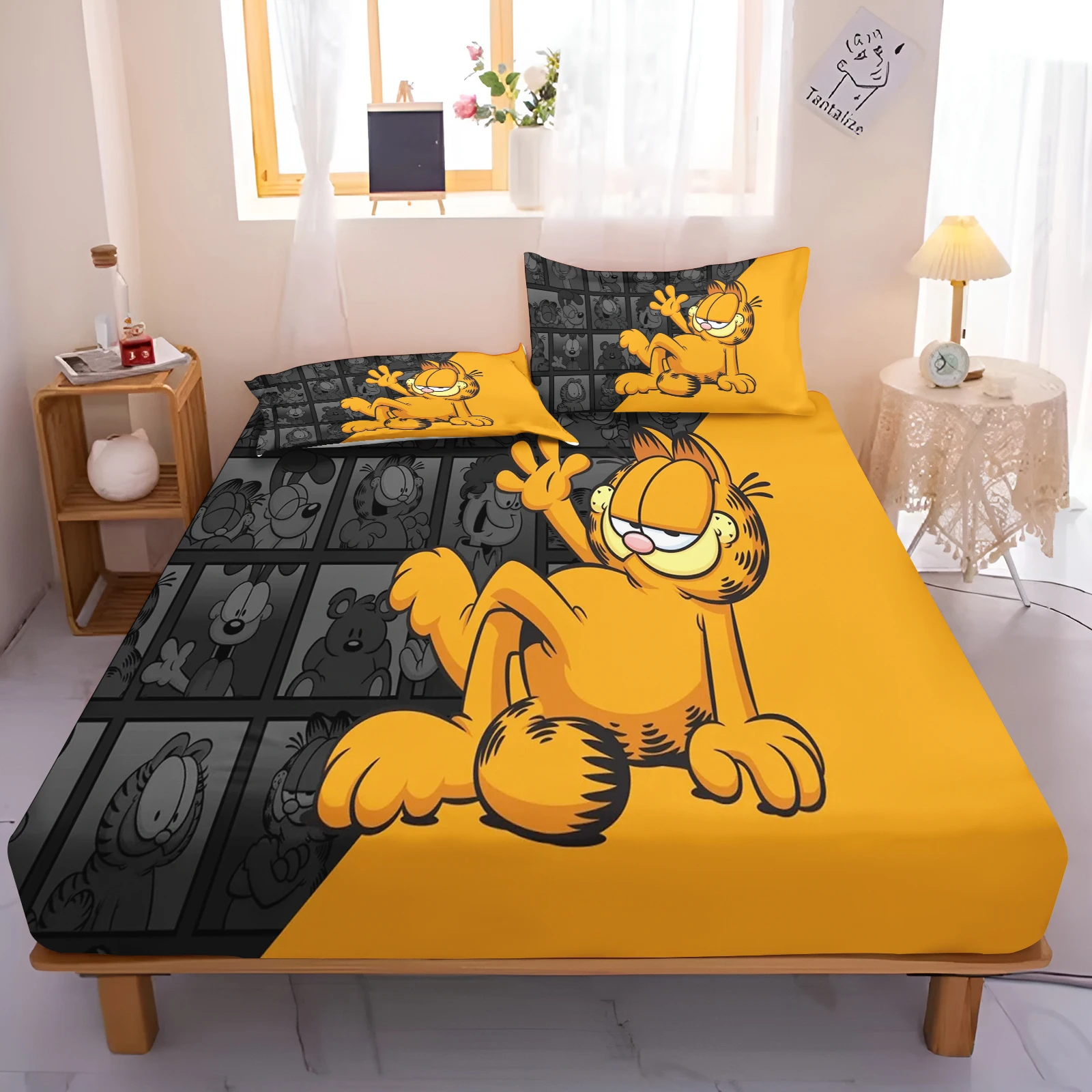 Cartoon Garfield Fitted Sheet Polyester Children Sheets Skin-Friendly Breathable Cute Printing